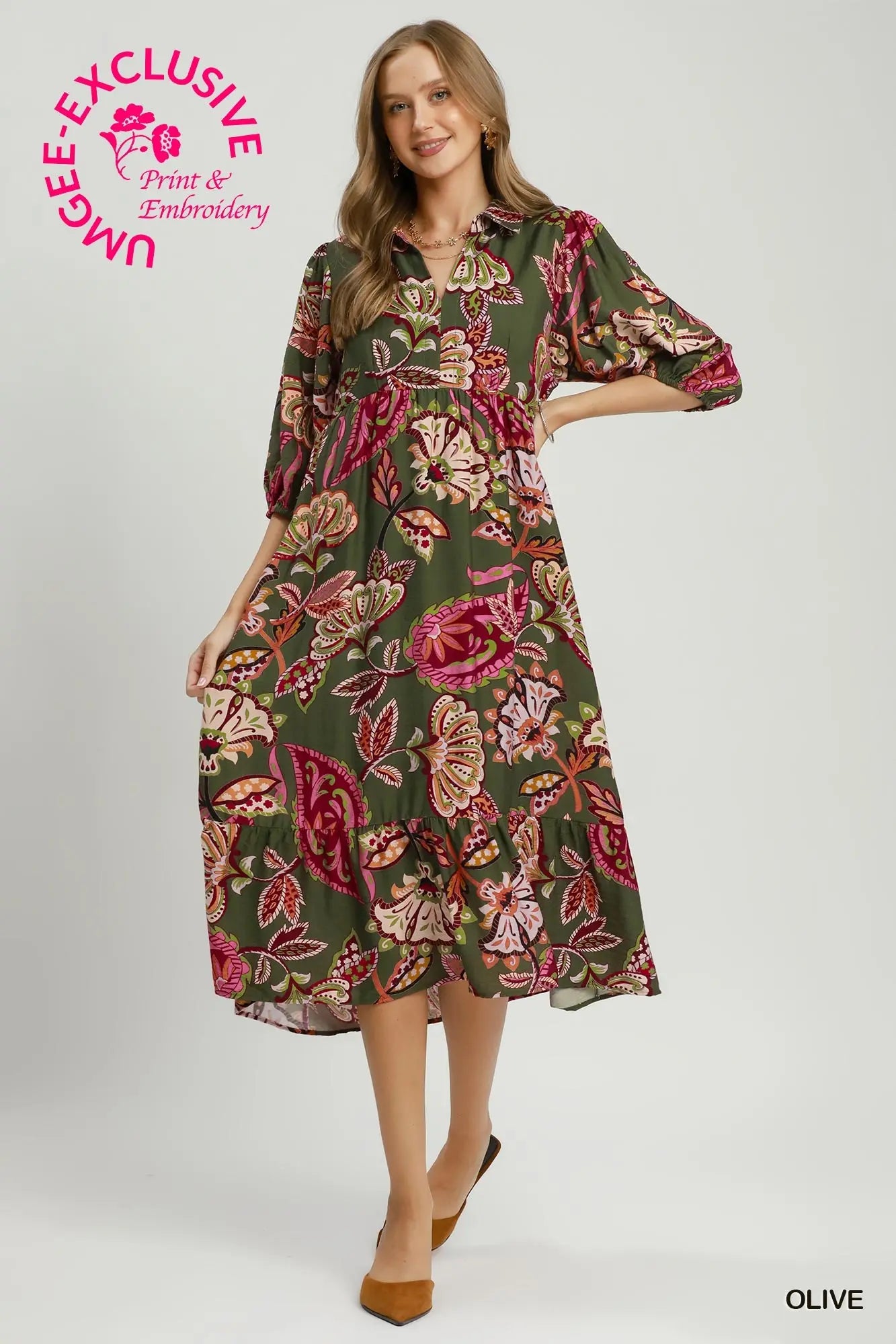 PREORDER: Olive Boho Paisley Pink Midi Dress