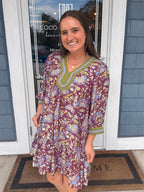Plum Floral Print Contrast Trim Tiered Boho Dress