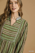 Olive Aztec Babydoll Dress SHIPS OR PICKUK FROM COCO 10/10/25