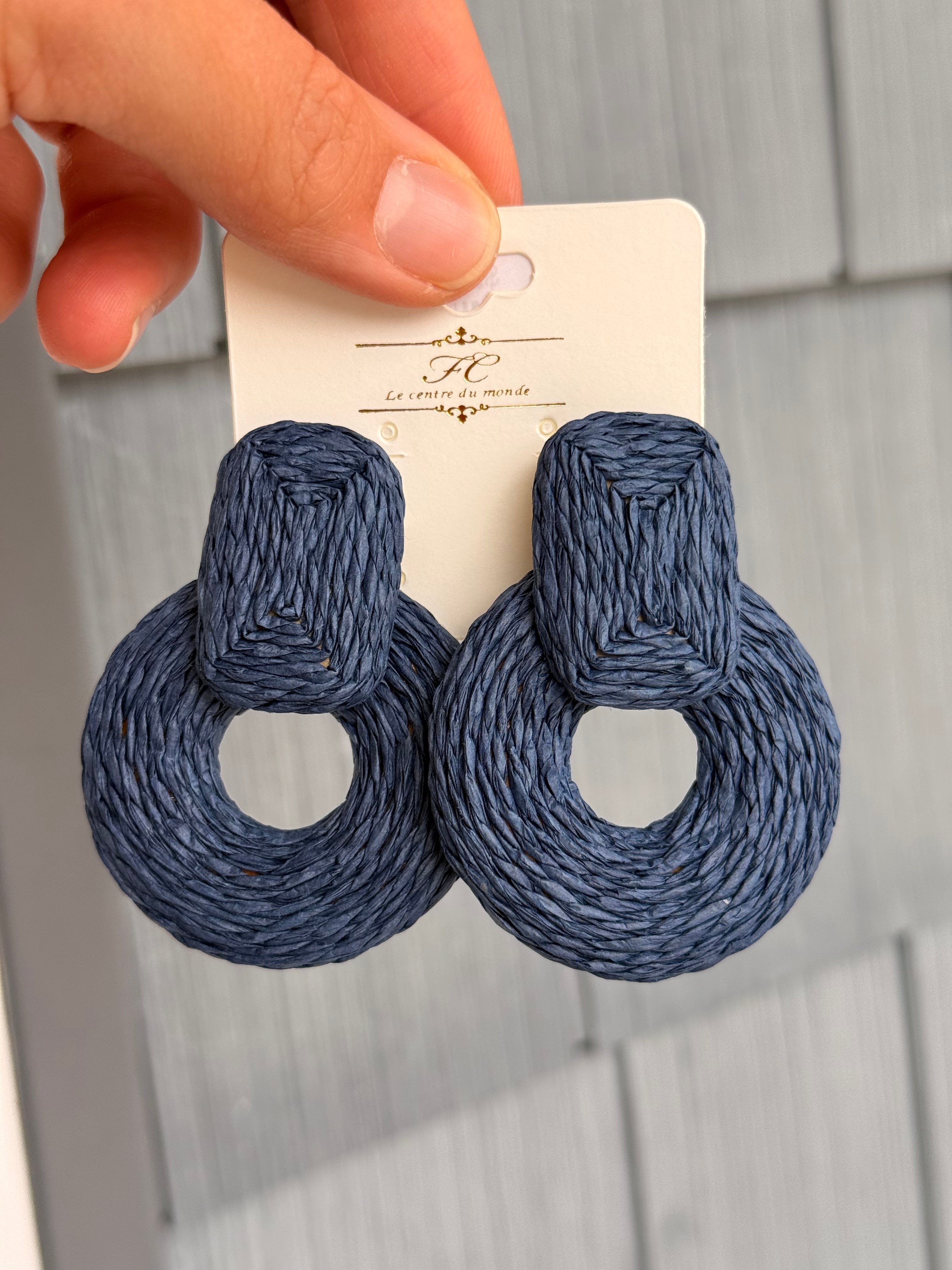 Wrapped Raffia Circle Dangle Earrings Navy