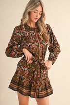 Black Multi Floral Button Down Belted Mini Dress