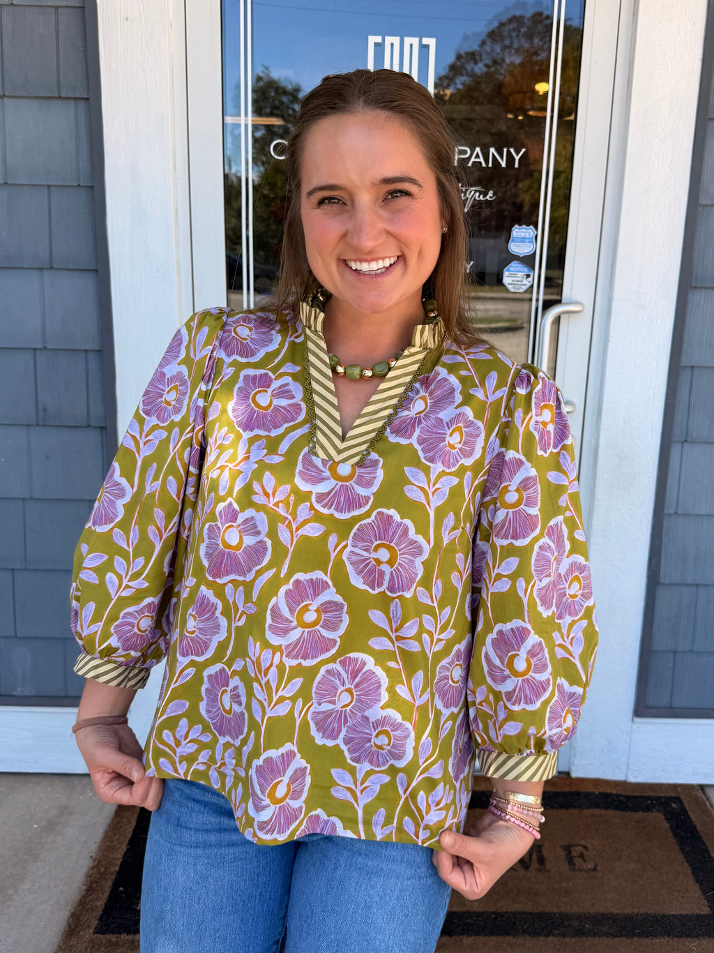 Green Floral V-neck Top