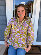 Green Floral V-neck Top