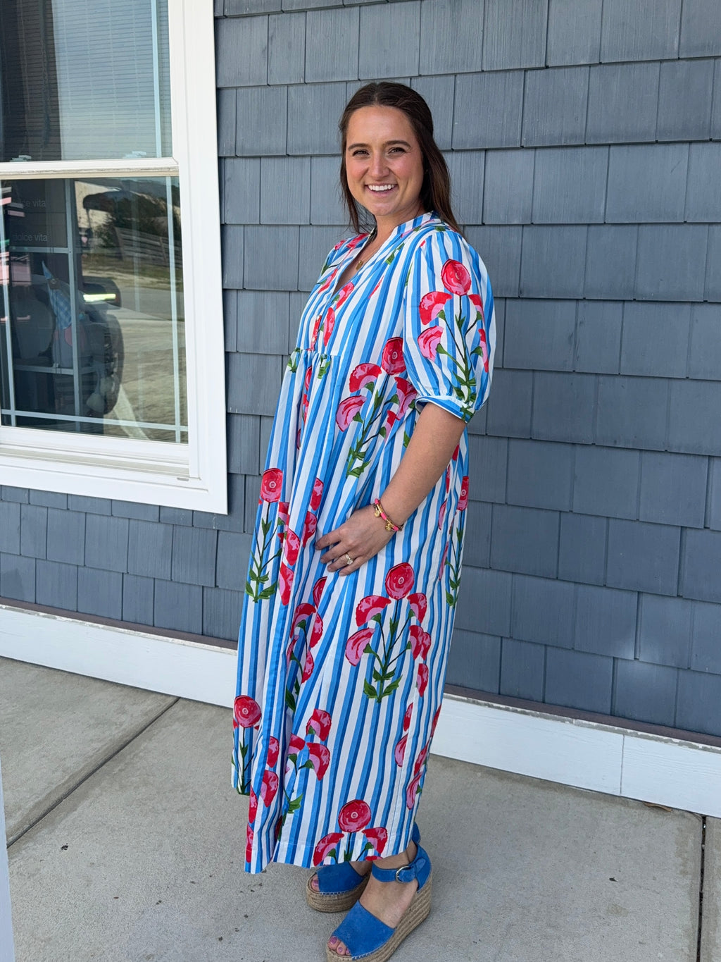 Blue Stripe Floral Midi Dress