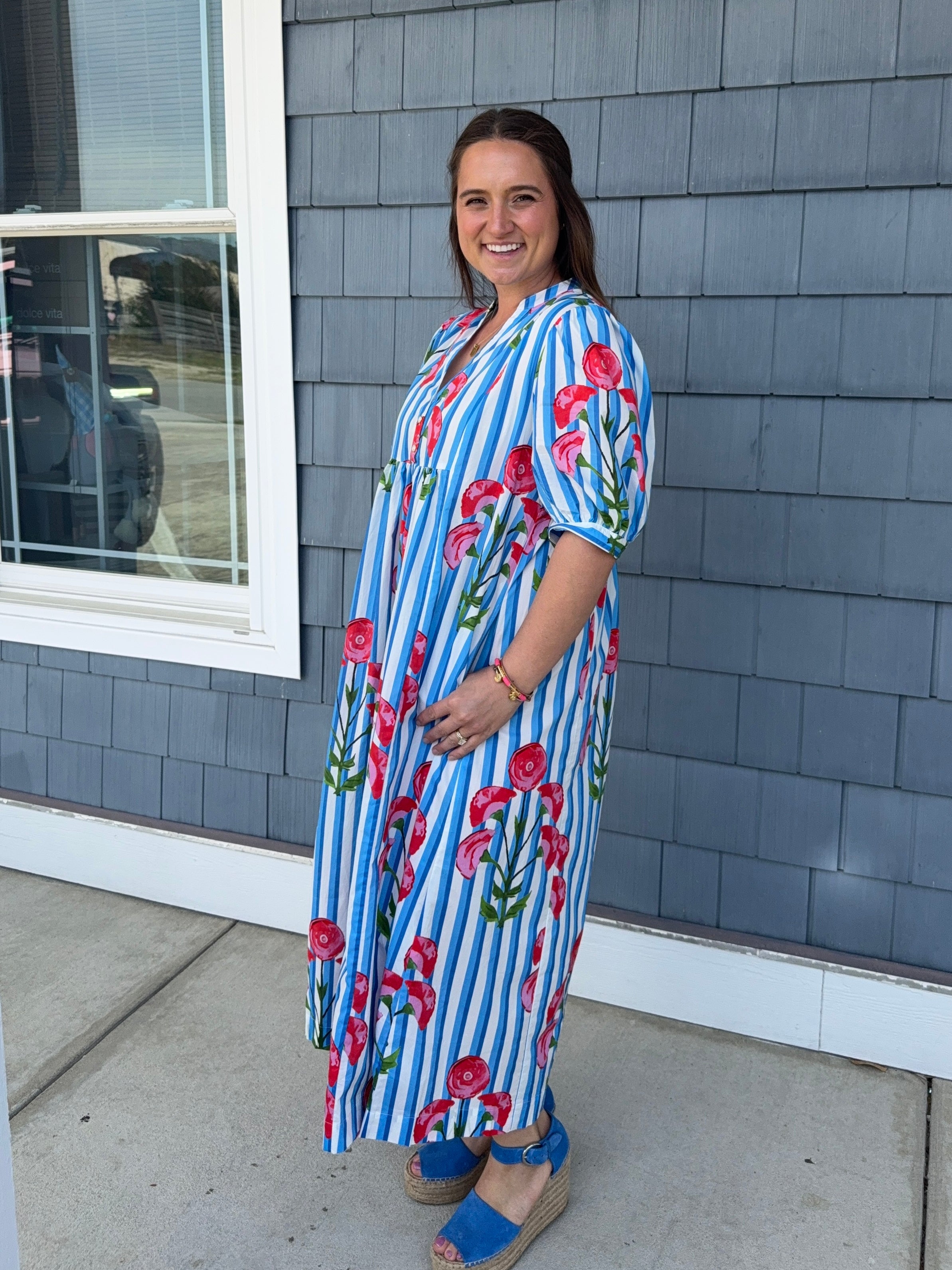 Blue Stripe Floral Midi Dress