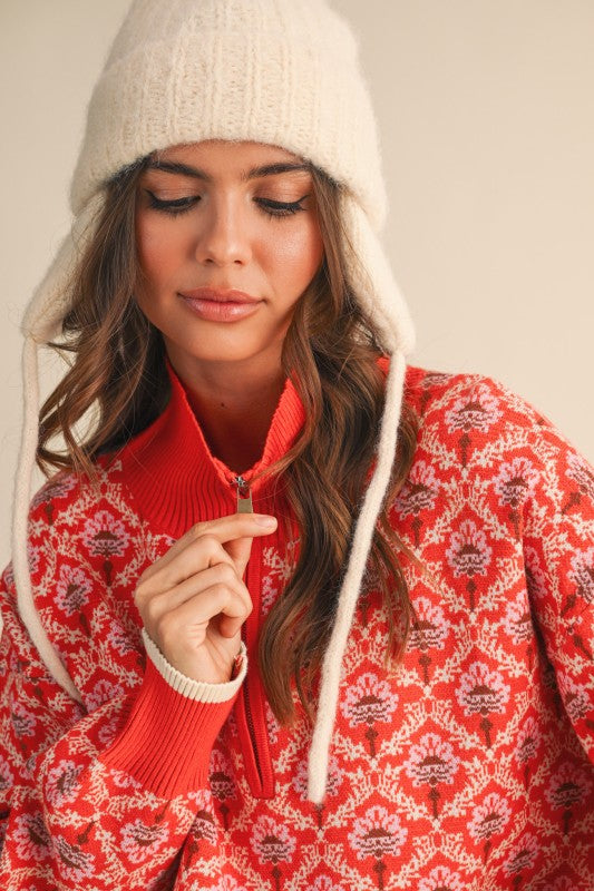 Red Orange Multi Floral Half Zip Mock Neck Pullover Sweater