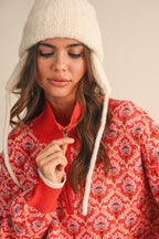 Red Orange Multi Floral Half Zip Mock Neck Pullover Sweater