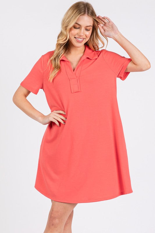 Coral Polo Shirt Dress With Pockets