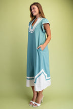 Dusty Mint Linen V-neck Midi Dress