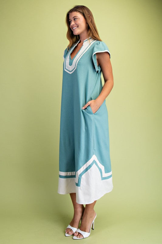 PREORDER: Dusty Mint Linen V-neck Midi Dress