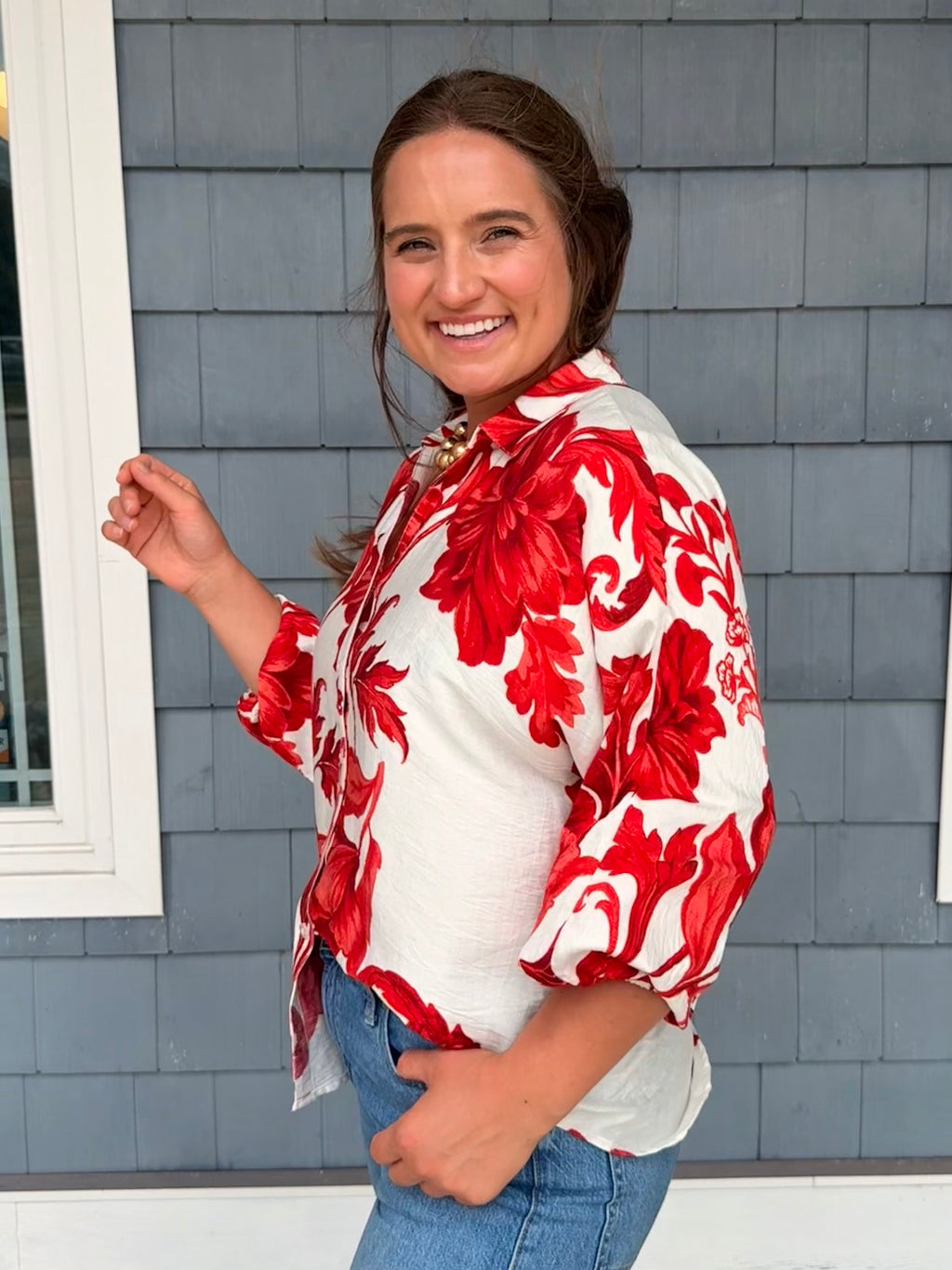 Red Floral Button Down Sleeve Top