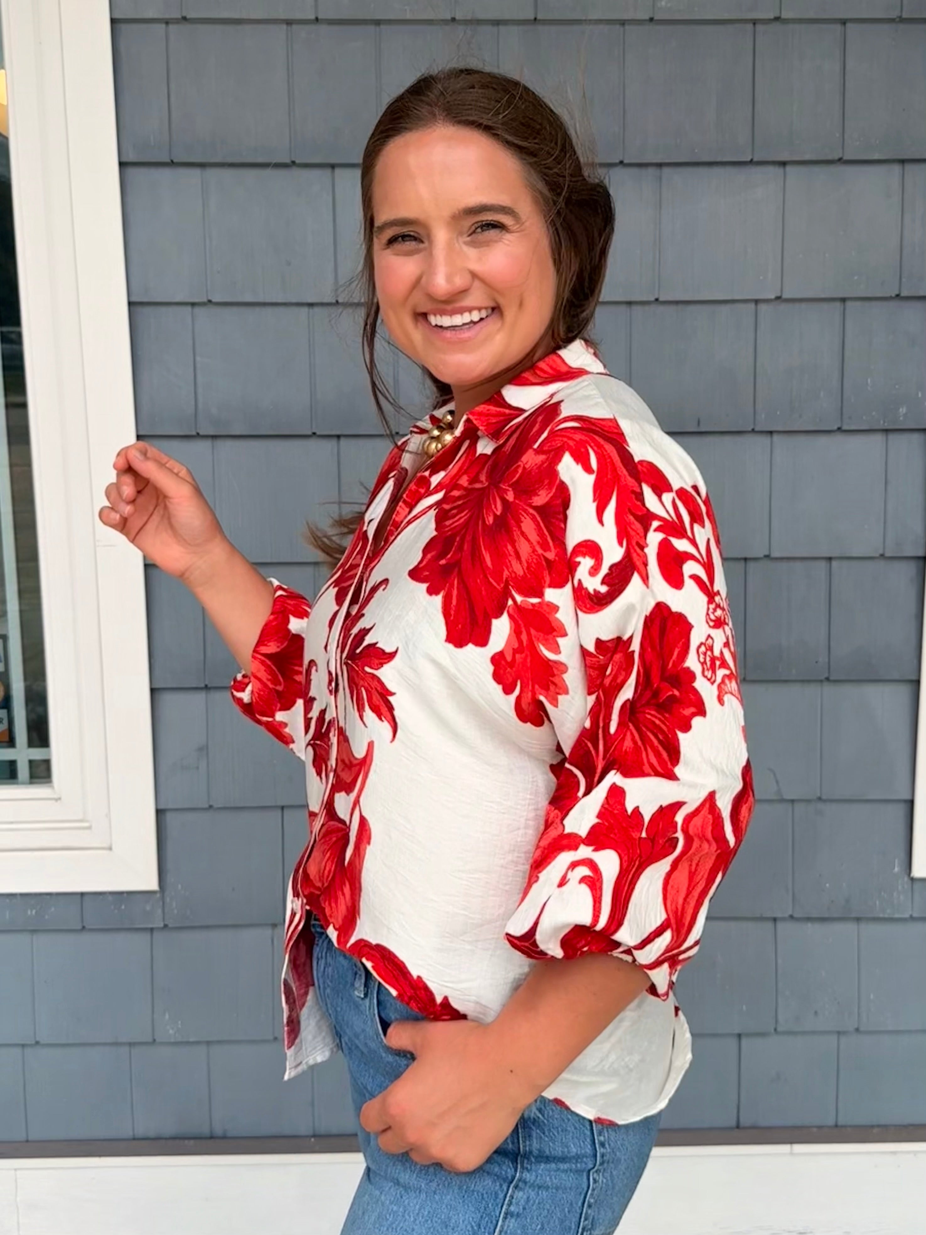 Red Floral Button Down Sleeve Top