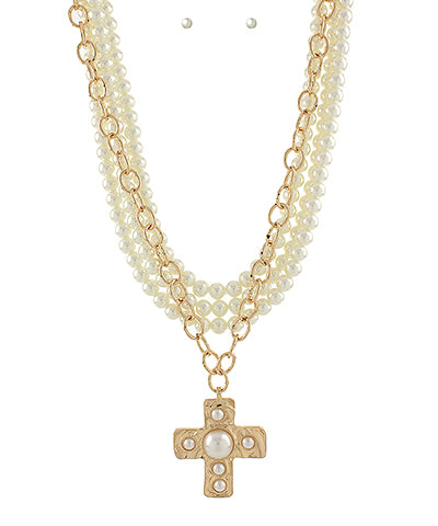 Pearl Cross & Multilayer Necklace Set