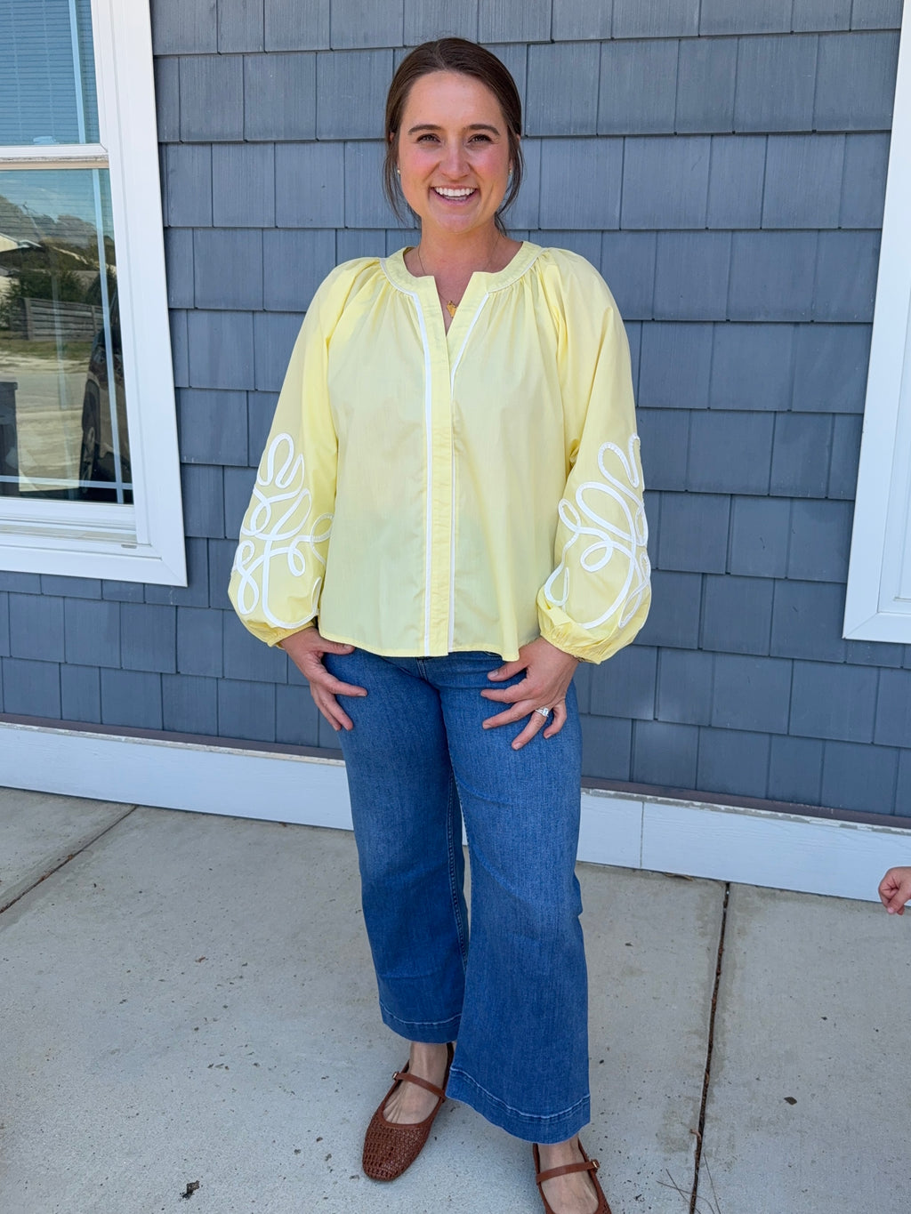 Butter Yellow Soutache Contrast Detail Puff Sleeve Top