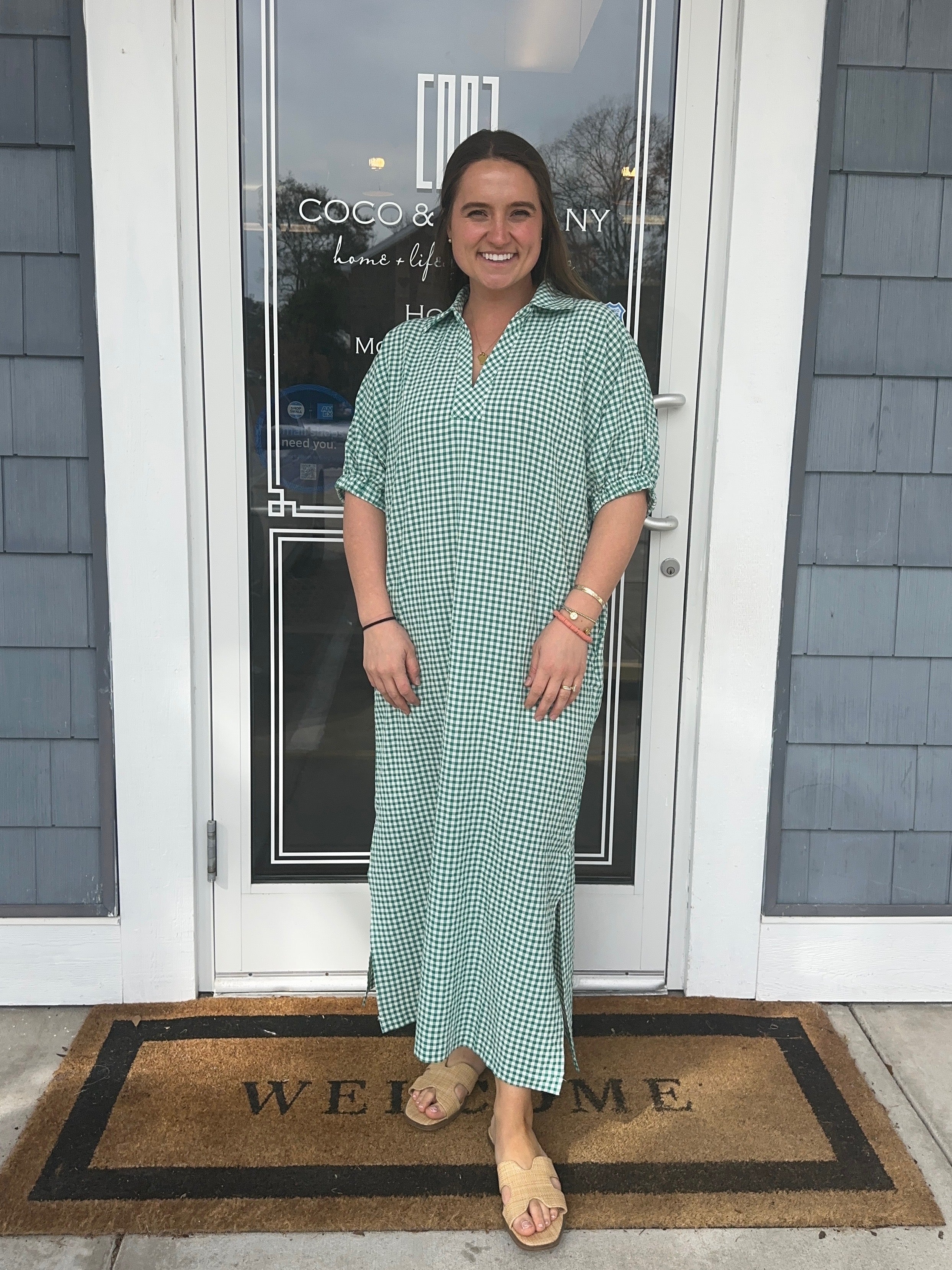 Green Gingham Check Midi Dress