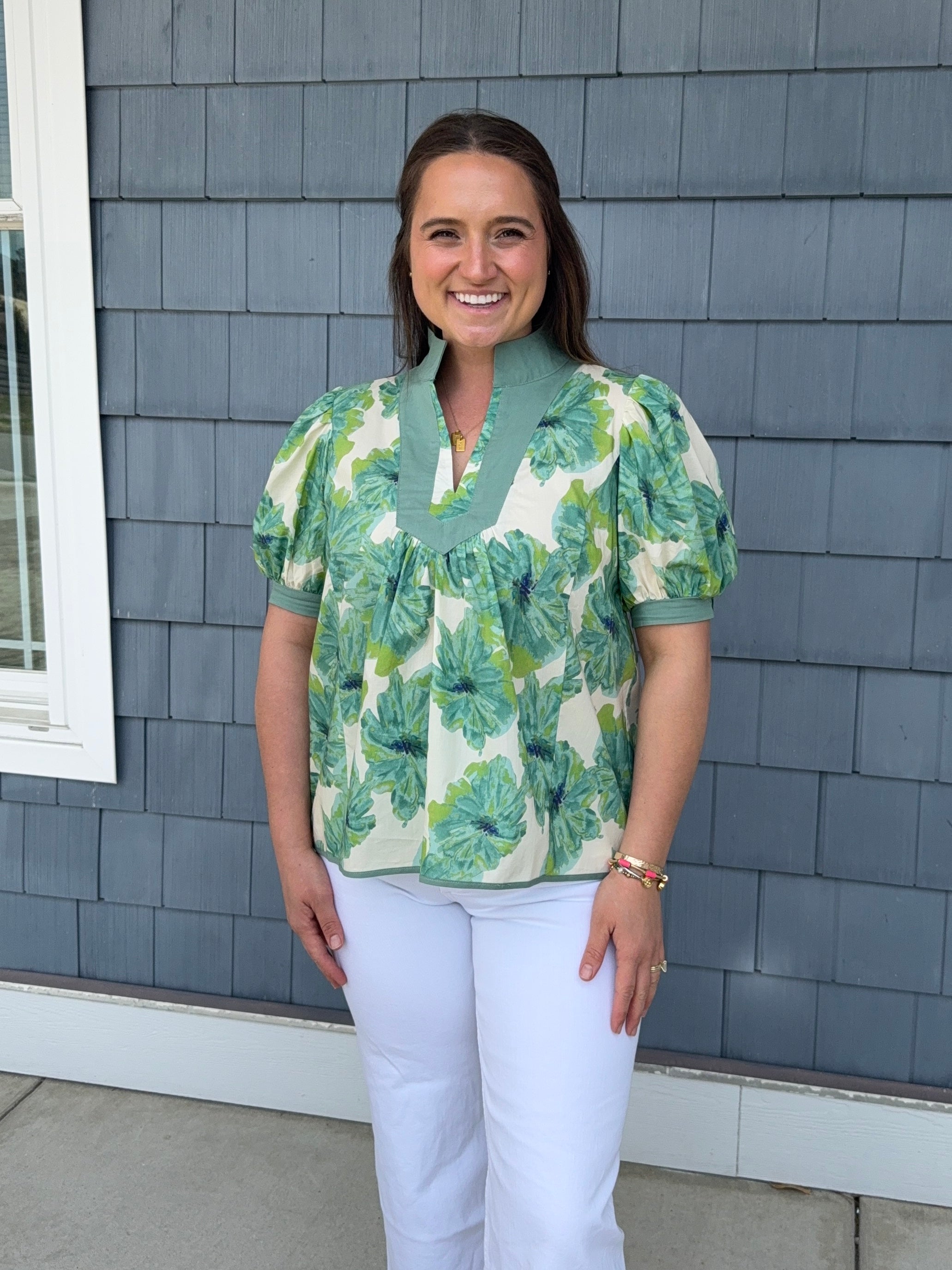 Green Floral Contrast Trim Blouse