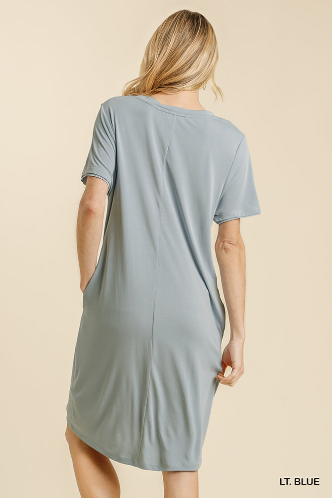 Light Blue SS T-shirt Dress with Gathered Detail