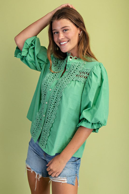 PREORDER: Mint Trim Detail Hutton Down Blouse