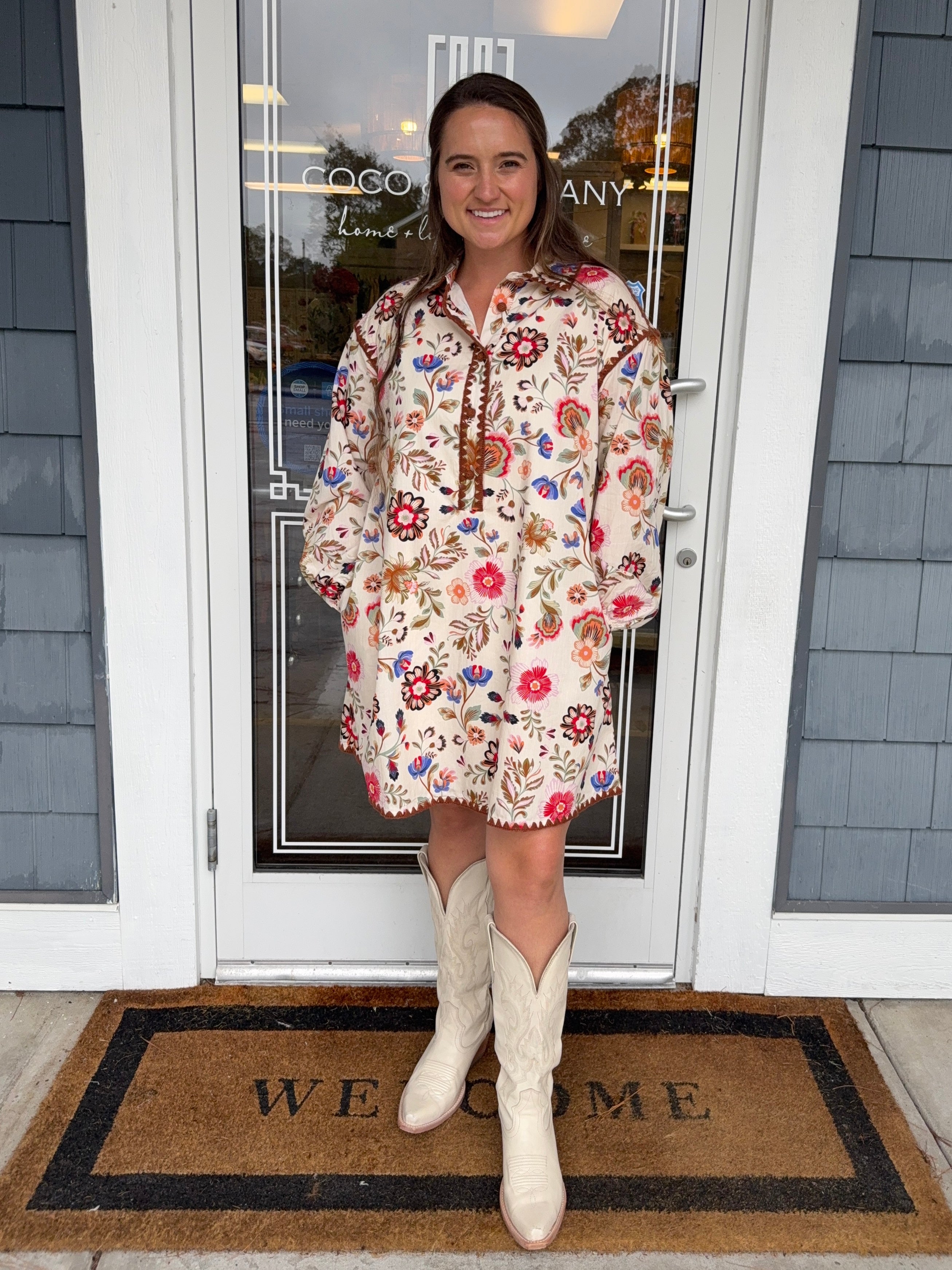 Floral Blanket Stitched Buttoned Dress