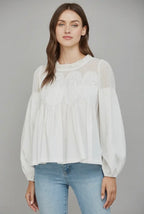 Lace Appliqué Mixed Media LS Blouse White