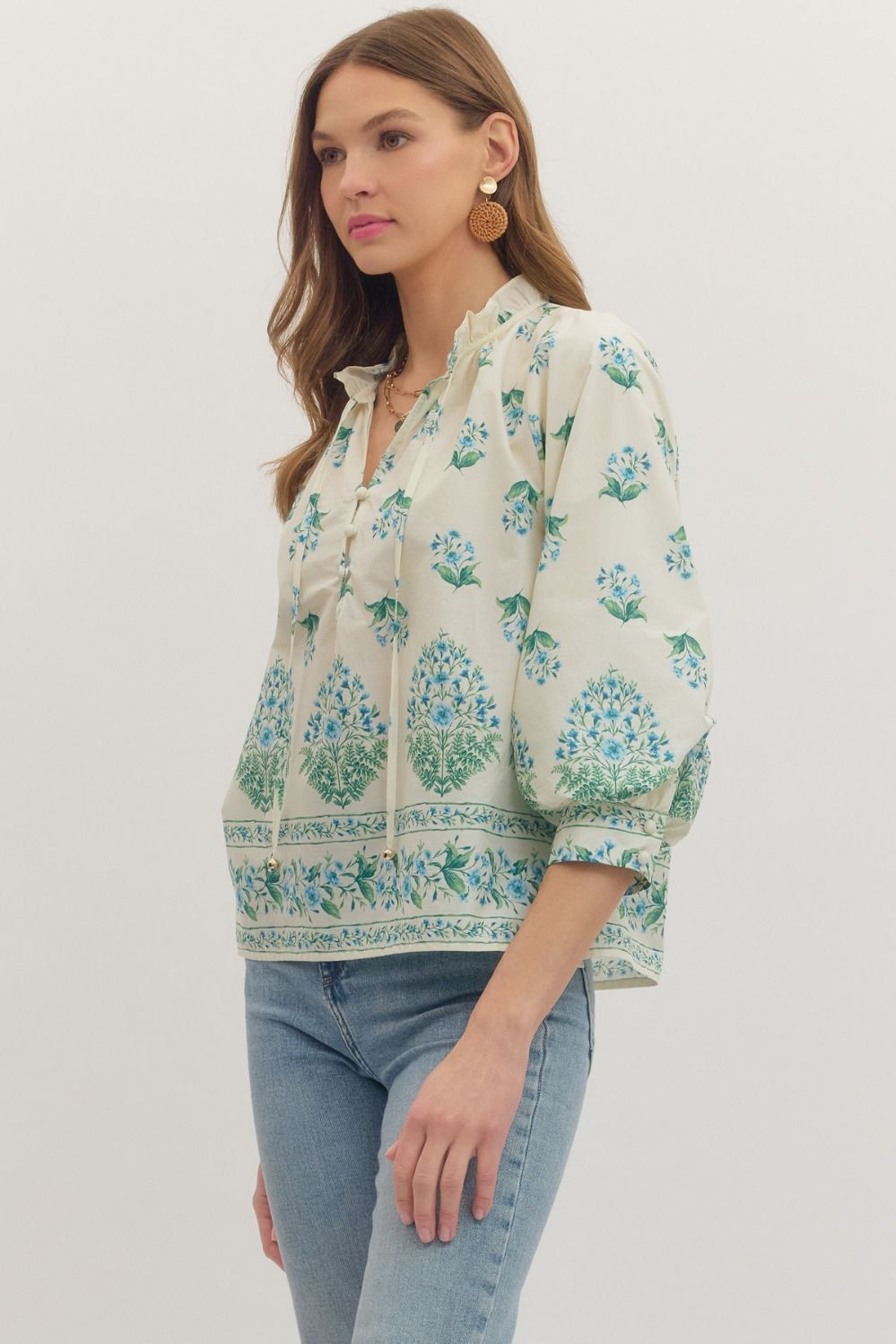 Botanical Blue Balloon Sleeve Top