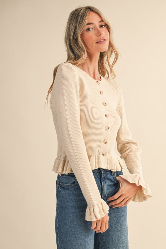 Cream Ruffle Hen Ribbed Knit Sweater Cardigan