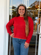 Red Knit Scalloped Edge Sweater