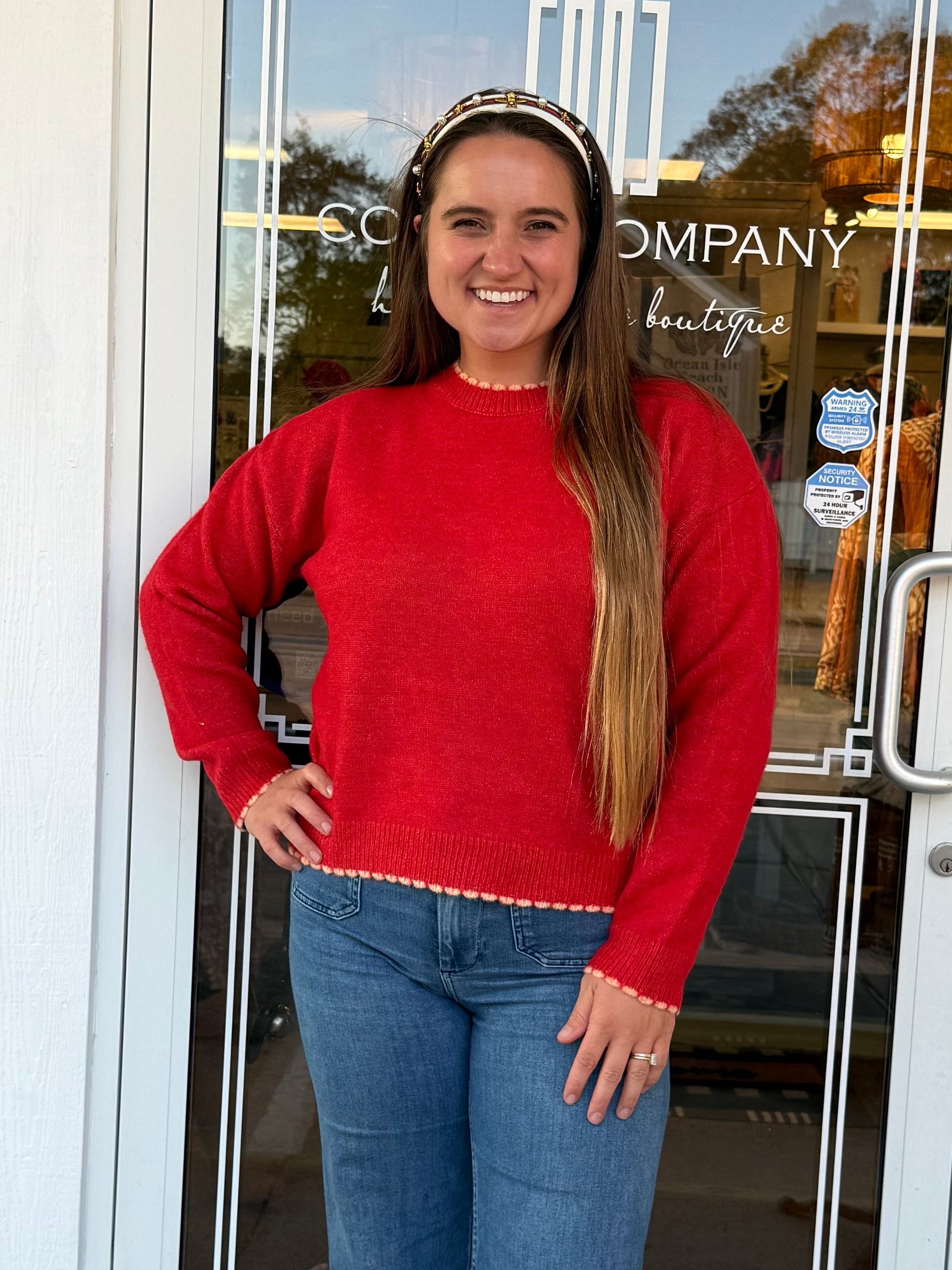 Red Knit Scalloped Edge Sweater