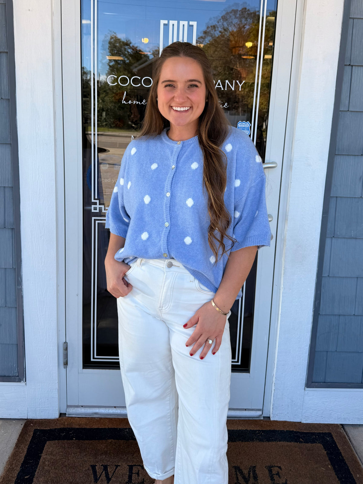Blue Polka Dot Short Sleeve Crew Neck Knit Cardigan