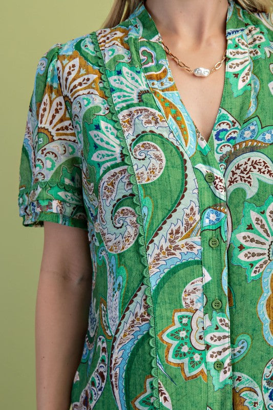 PREORDER: Matcha Mix Paisley Print Button Up Dress