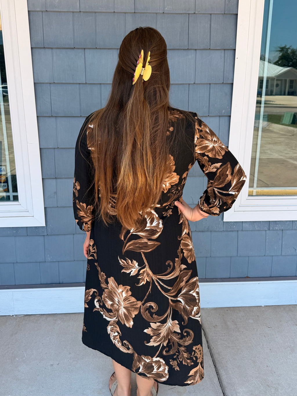 Fall Floral Black & Brown Self Tie Midi Dress