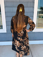 Fall Floral Black & Brown Self Tie Midi Dress