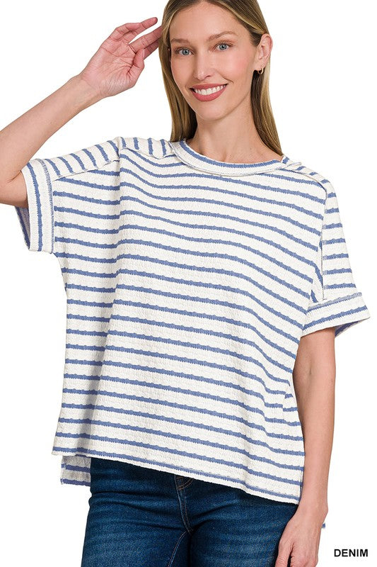 Stripe Jacquard Round Neck Box Tee- Blue