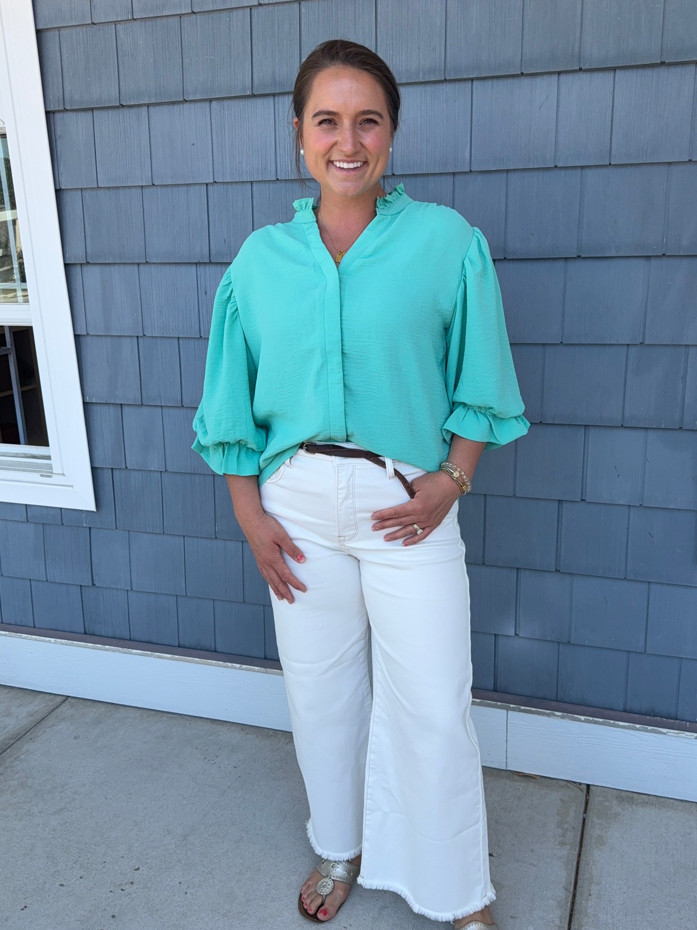 Emerald Balloon Sleeve Blouse