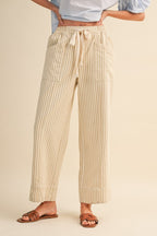 Taupe Natural Stripe Wide Leg Drawstring Pants