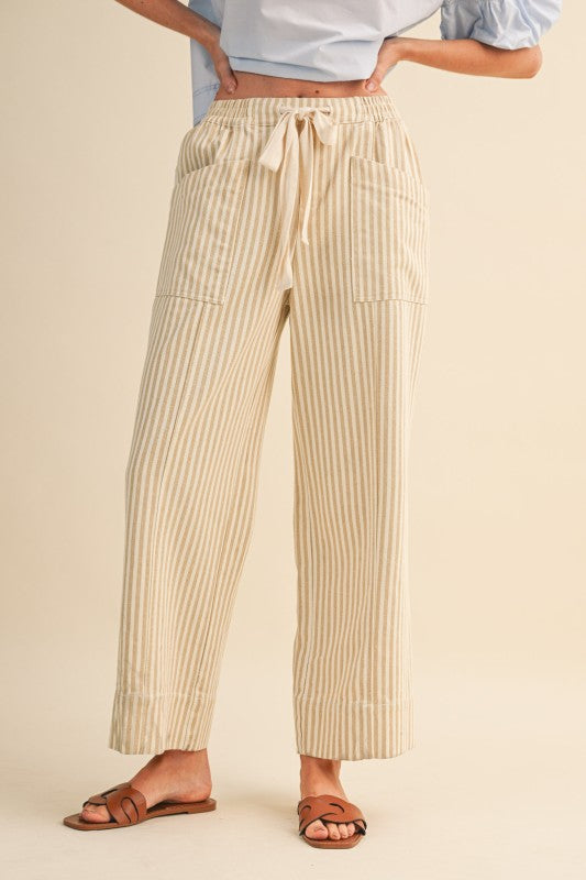 Taupe Natural Stripe Wide Leg Drawstring Pants: Ships or pickup 5/28/26