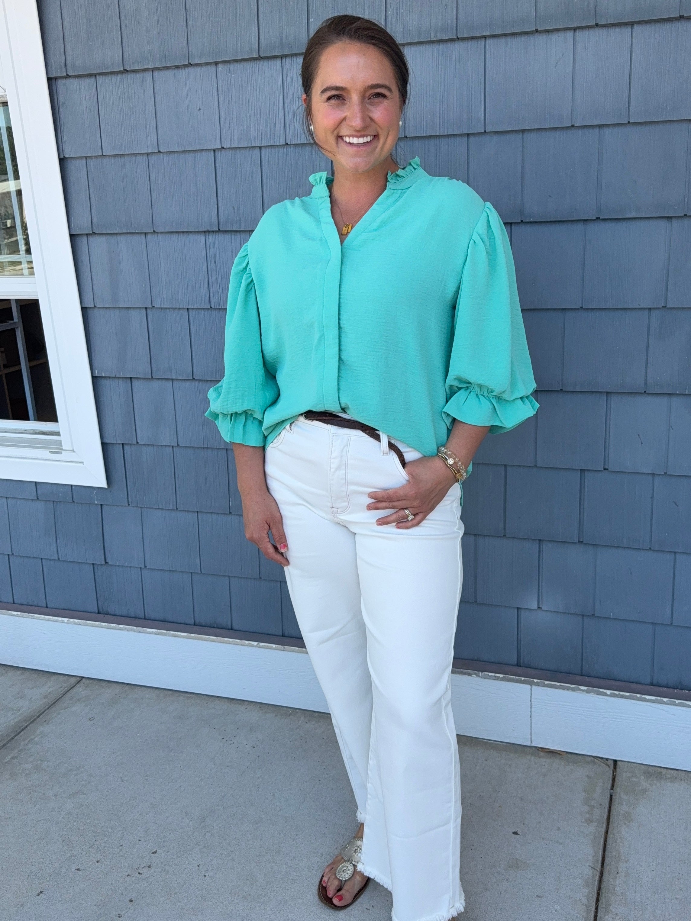 Emerald Balloon Sleeve Blouse