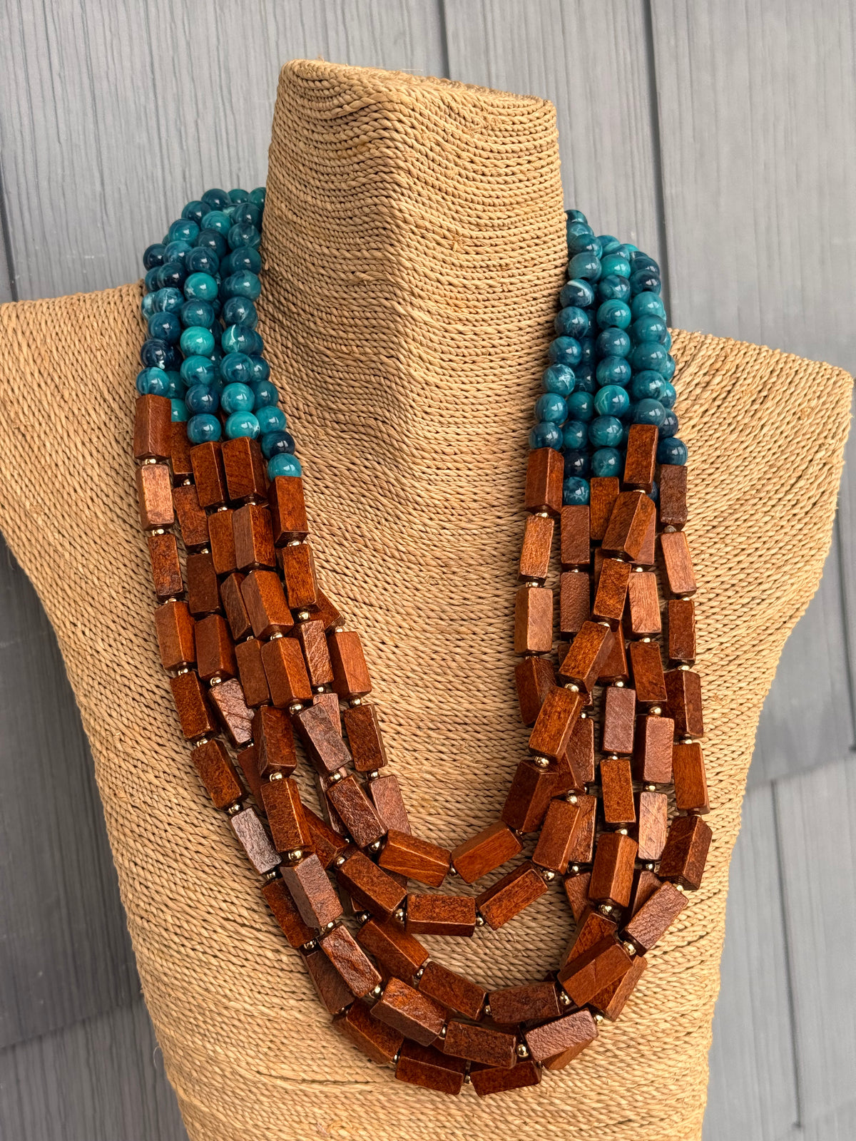 6 Layered Wood Bar Agate Ball Necklace