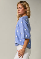Blue Polka Dot Short Sleeve Crew Neck Knit Cardigan