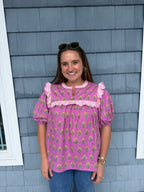 Pink Floral Ruffle Yoke Sleeve Top