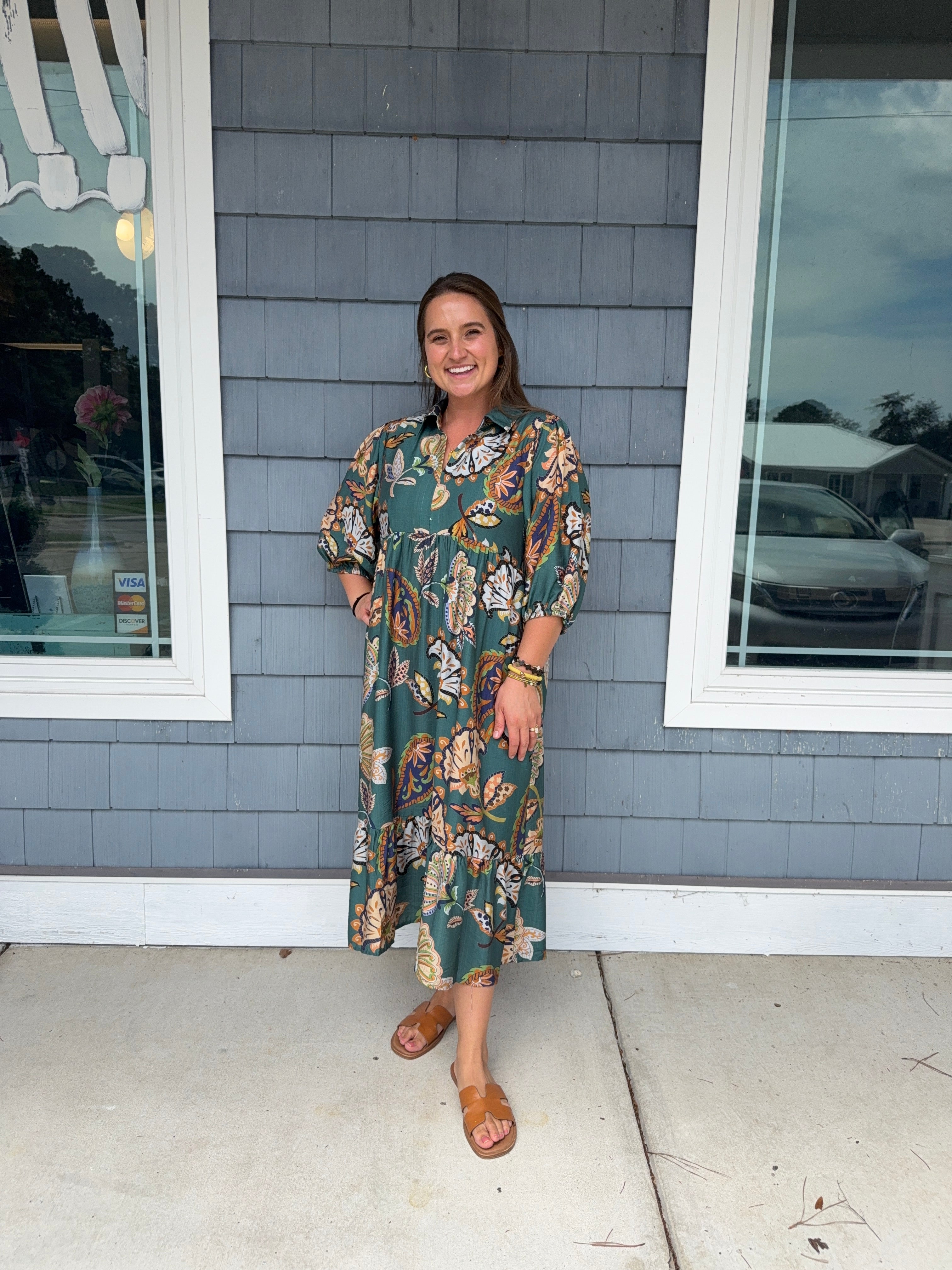 Teal Boho Tiered Midi Dress