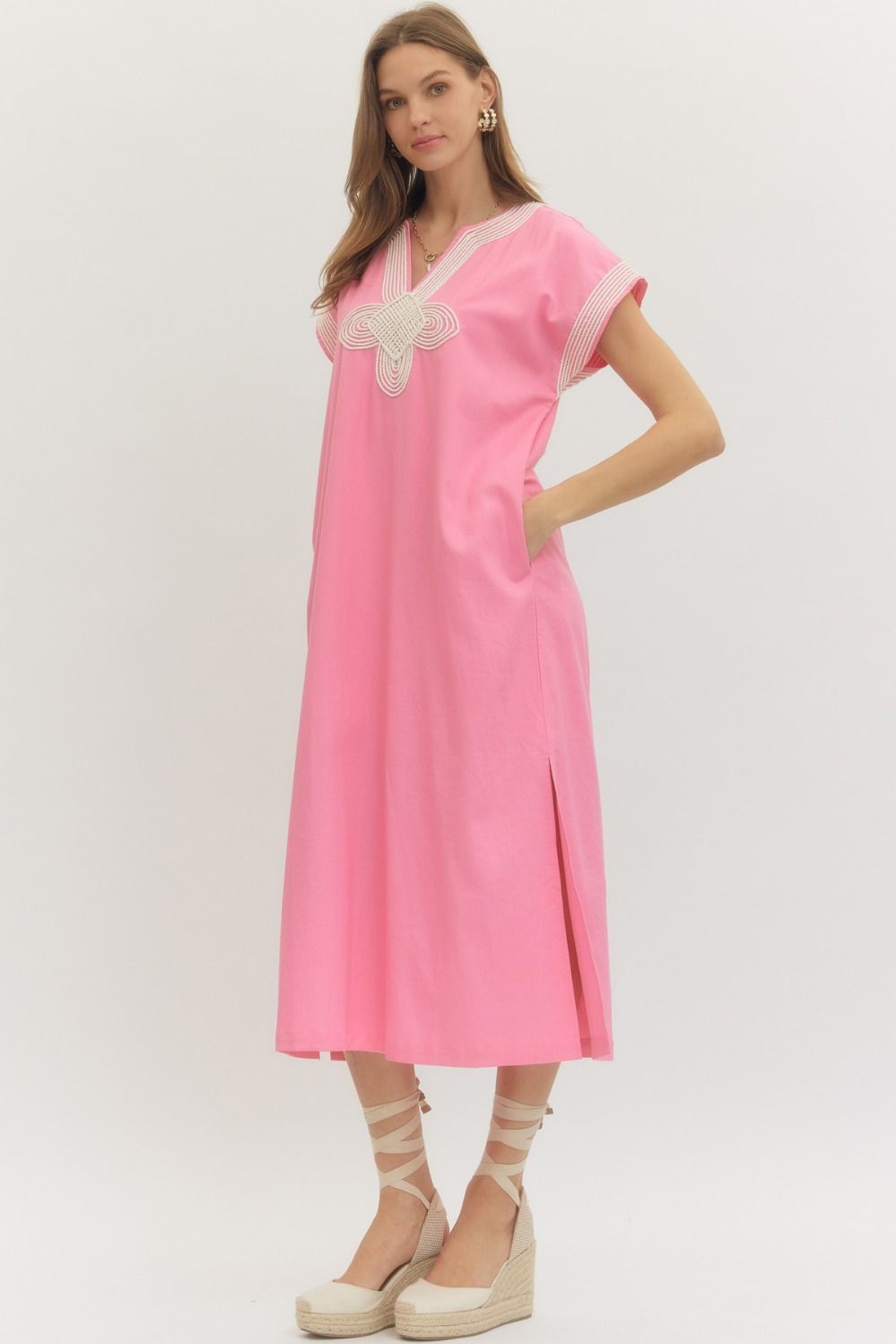 Pink Appliqué Trim Midi Dress SHIPS OR PICKUP FROM COCO 2/23/26