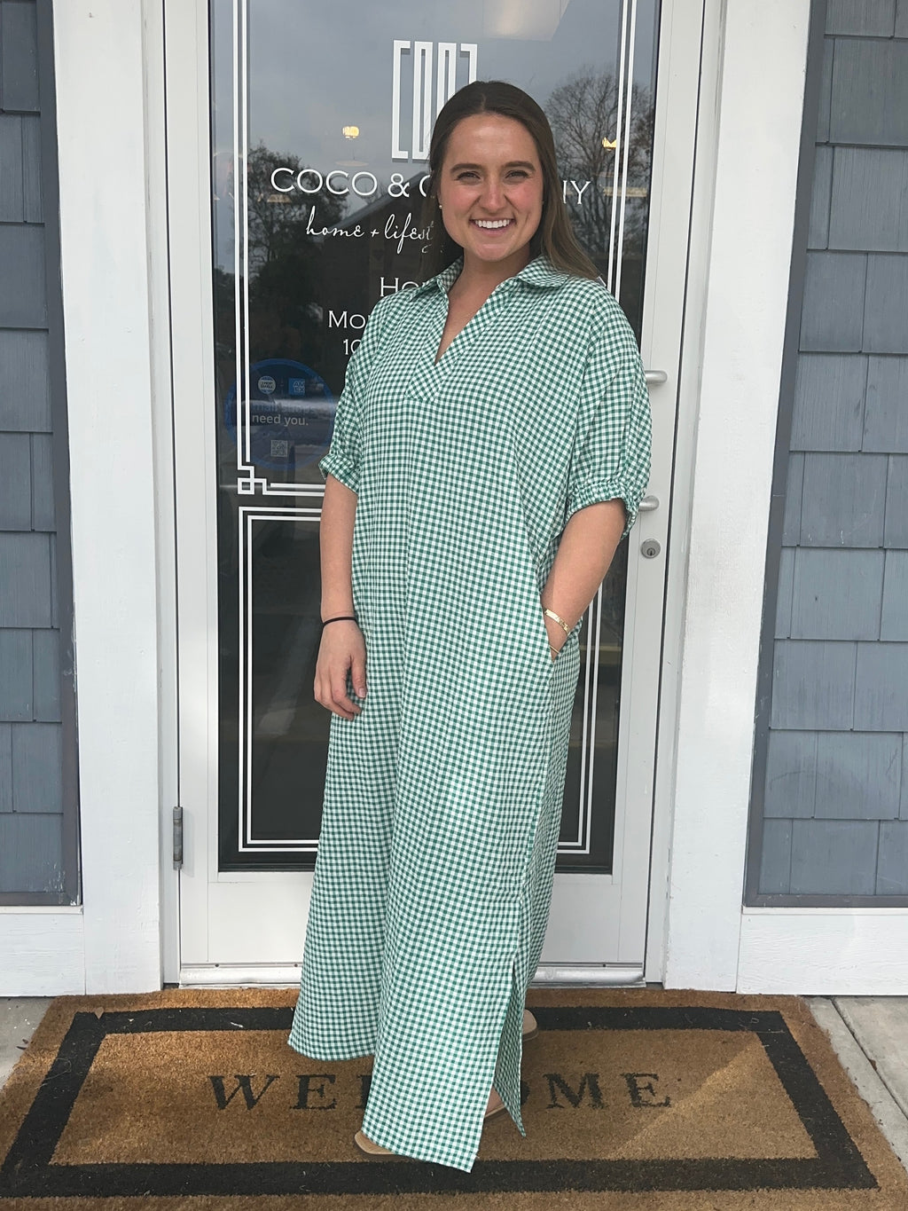 Green Gingham Check Midi Dress