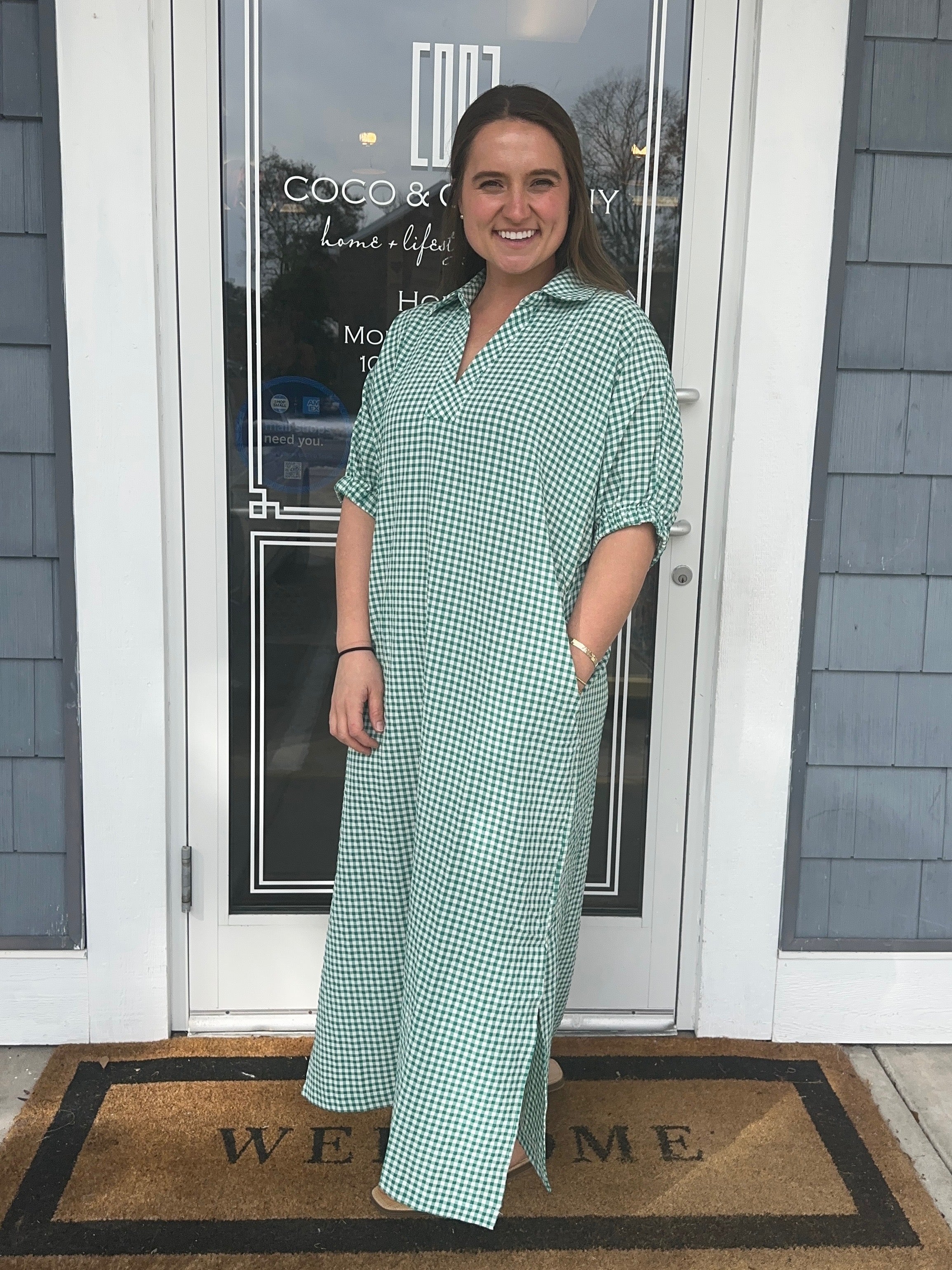 Green Gingham Check Midi Dress