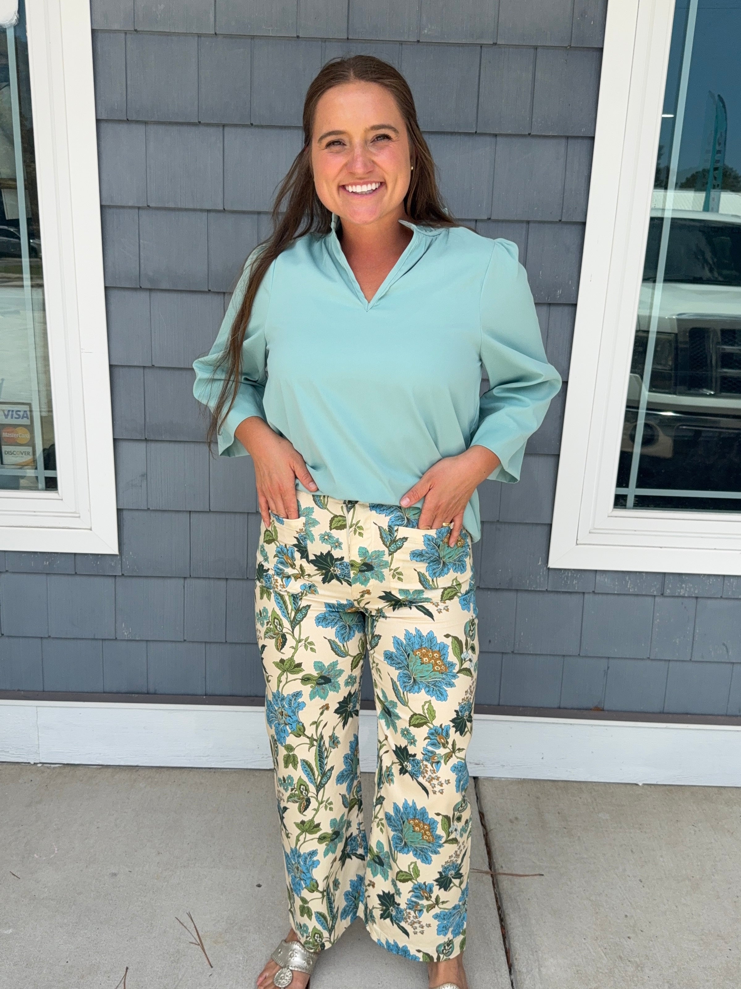 Blue Floral Ankle Cropped Pants