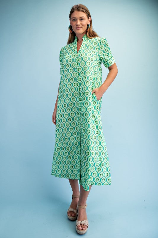 Green Printed Button Down Midi Dress