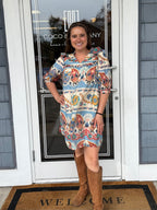 Blue Border Print Mini Dress