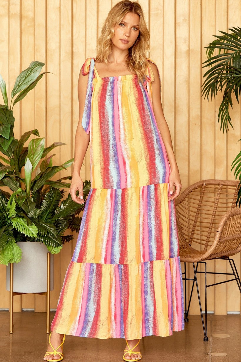 Striped Multicolor Maxi Dress Tie Straps