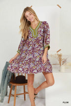 Plum Floral Print Contrast Trim Tiered Boho Dress