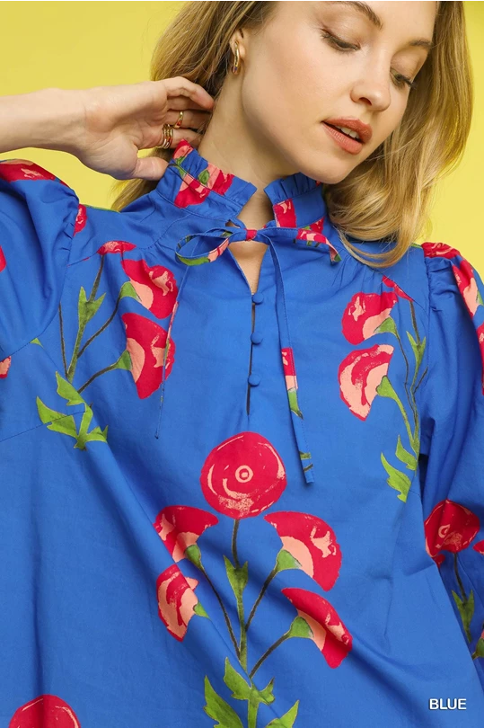 Blue Floral Print Puff Sleeve Blouse